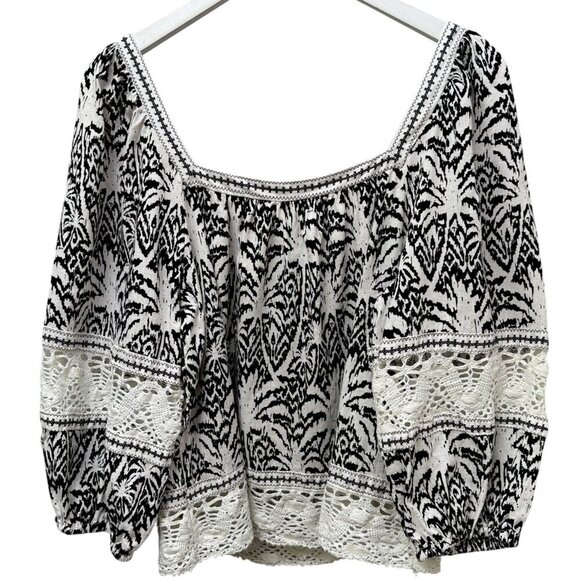 PANAMA JACK Peasant Blouse Large Linen Blend Black Print Womens Crochet Top - Picture 1 of 9